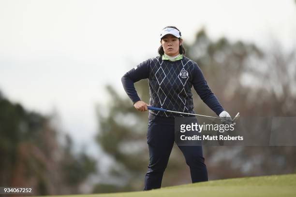 Fumika Kawagishi of Japan prepares to putt during the final round of the T-Point Ladies Golf Tournament at the Ibaraki Kokusai Golf Club on March 18,...