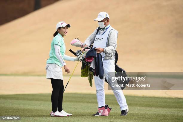 Suzuka Yamaguchi of Japan looks on during the final round of the T-Point Ladies Golf Tournament at the Ibaraki Kokusai Golf Club on March 18, 2018 in...