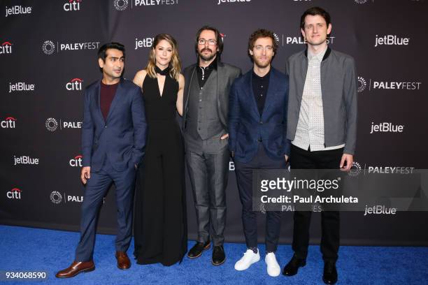 Actors Kumail Nanjiani, Amanda Crew, Martin Starr, Thomas Middleditch and Zach Woods attend the 2018 PaleyFest screening of HBO's "Silicon Valley" at...