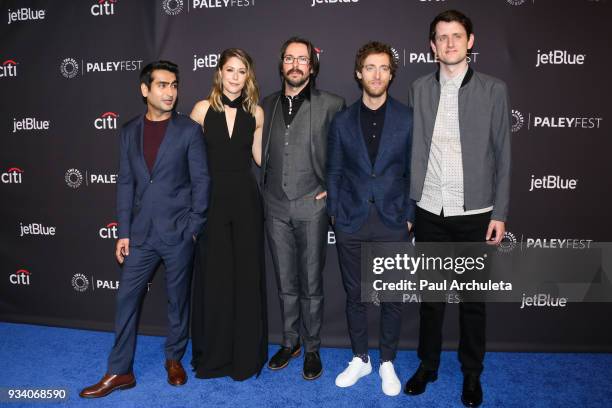 Actors Kumail Nanjiani, Amanda Crew, Martin Starr, Thomas Middleditch and Zach Woods attend the 2018 PaleyFest screening of HBO's "Silicon Valley" at...