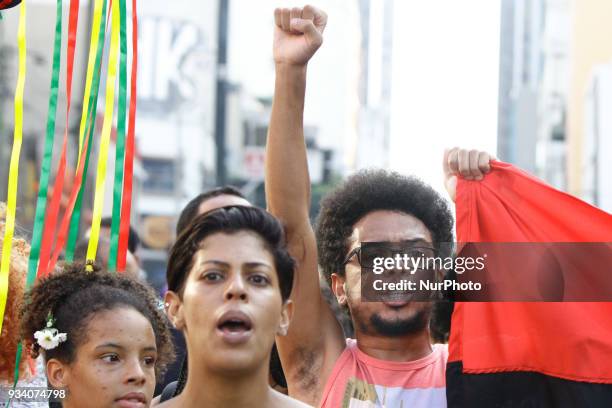 Demonstrators carry out act after Councillor Marielle Franco on Paulista Avenue in Sao Paulo, on Sunday, 18 March 2018. Marielle Franco and your...