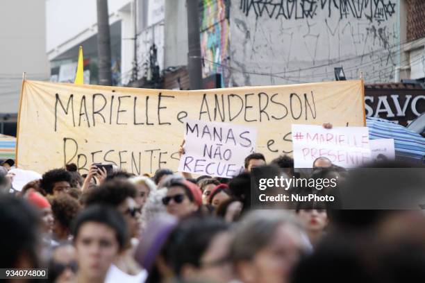 Demonstrators carry out act after Councillor Marielle Franco on Paulista Avenue in Sao Paulo, on Sunday, 18 March 2018. Marielle Franco and your...