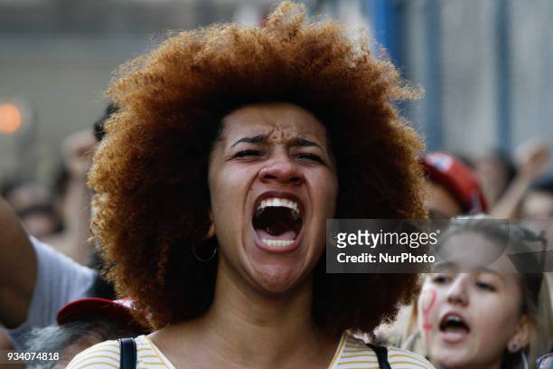 Demonstrators carry out act after Councillor Marielle Franco on Paulista Avenue in Sao Paulo, on Sunday, 18 March 2018. Marielle Franco and your...