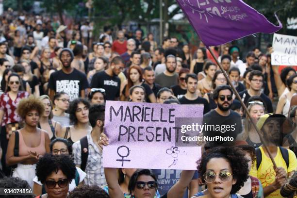 Demonstrators carry out act after Councillor Marielle Franco on Paulista Avenue in Sao Paulo, on Sunday, 18 March 2018. Marielle Franco and your...