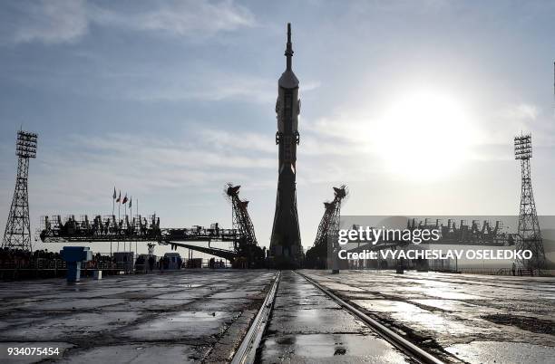 The Soyuz MS-08 spacecraft is mounted on the launch pad at the Russian-leased Baikonur cosmodrome in Kazakhstan on March 19, 2018. The launch of the...