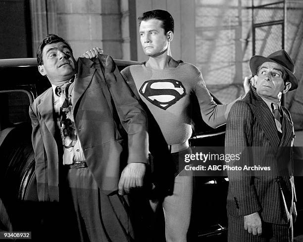 Unknown actor with George Reeves as "Superman." Hollywood comic, Lou Lubin, is on right.