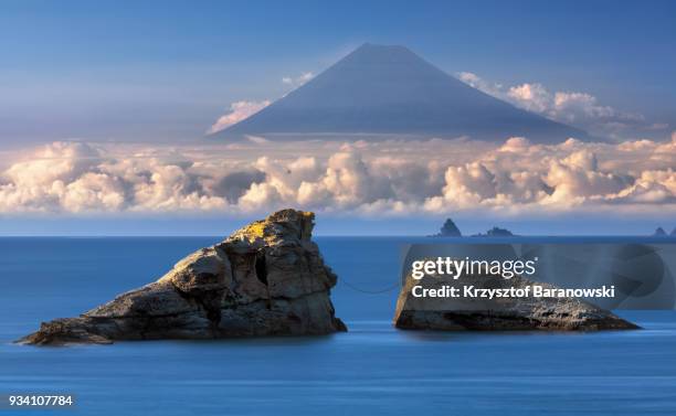 mt fuji and twin rocks from izu peninsula - twin rocks stock pictures, royalty-free photos & images