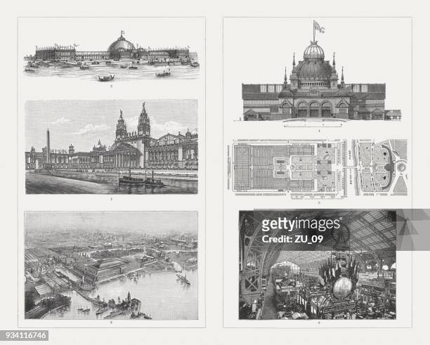 exhibition buildings to world exhibitions in the 19th century - company town hall stock illustrations
