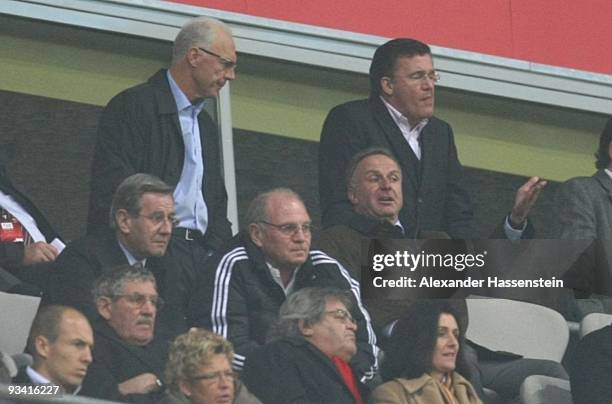 Manager Uli Hoeness , CFO Karl Hopfner , CEO Karl-Heinz Rummenigge and president Franz Beckenbauer sit on the tribune during the UEFA Champions...