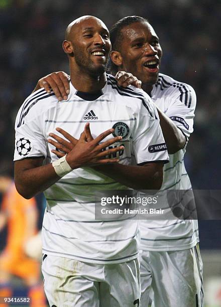 Nicolas Anelka of Chelsea celebrates with Didier Drogba as he scores their first goal during the UEFA Champions League Group D match between FC Porto...