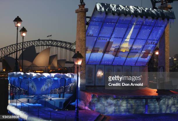 Projections on the stage are seen against a Sydney Harbour backdrop during a preview for Handa Opera's La Boheme on March 19, 2018 in Sydney,...
