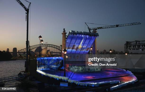 Projections on the stage are seen against a Sydney Harbour backdrop during a preview for Handa Opera's La Boheme on March 19, 2018 in Sydney,...