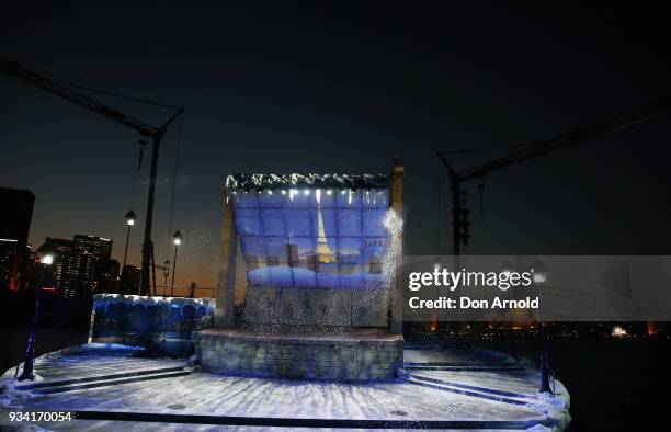 Projections on the stage are seen against a Sydney Harbour backdrop during a preview for Handa Opera's La Boheme on March 19, 2018 in Sydney,...