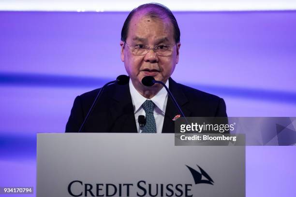 Matthew Cheung, Hong Kong's chief secretary, speaks during the Credit Suisse Asian Investment Conference in Hong Kong, China, on Monday, March 19,...