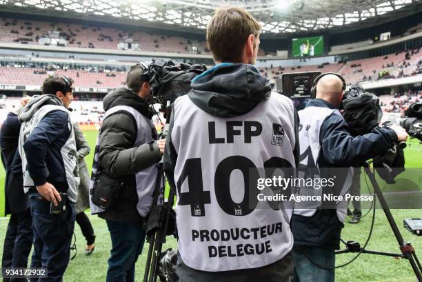 Bein sports TV set with during the Ligue 1 match between OGC Nice and Paris Saint Germain at Allianz Riviera on March 18, 2018 in Nice, .