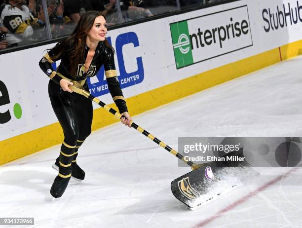 Member of the Knights Crew cleans the ice during the Vegas Golden Knights' game against the Calgary Flames at T-Mobile Arena on March 18, 2018 in Las...