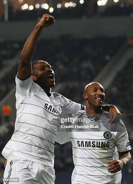 Nicolas Anelka of Chelsea celebrates with Didier Drogba as he scores their first goal during the UEFA Champions League Group D match between FC Porto...