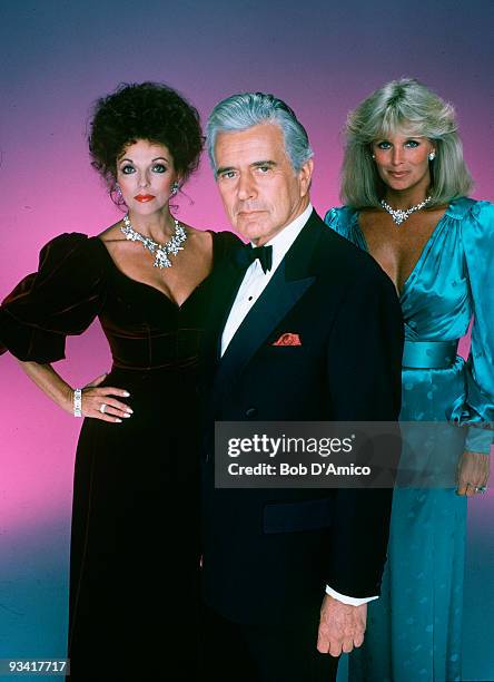 Portrait of. From left, actors Joan Collins , John Forsythe , and Linda Evans , from the television show 'Dynasty,' Los aAngeles, California,...
