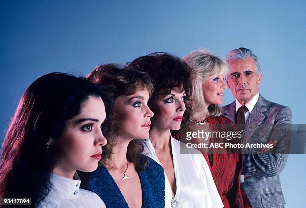 Portrait of cast members Kathleen Beller, Pamela Sue Martin, Joan Collins, Linda Evans, and John Forsythe , from the television show 'Dynasty,'...