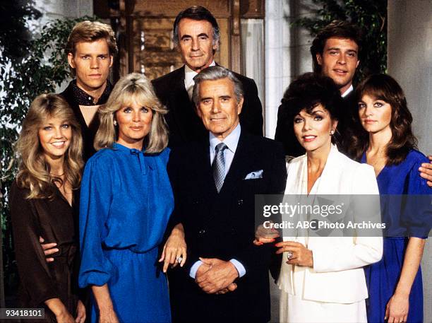 Portrait of, back row, from left, actors Al Corley , Lee Bergere , John James ; front row, from left: Heather Locklear , Linda Evans , John Forsythe...