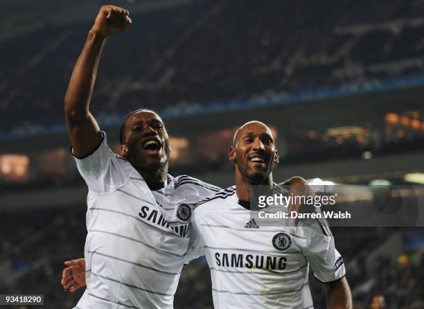 Nicolas Anelka of Chelsea celebrates with Didier Drogba as he scores their first goal during the UEFA Champions League Group D match between FC Porto...