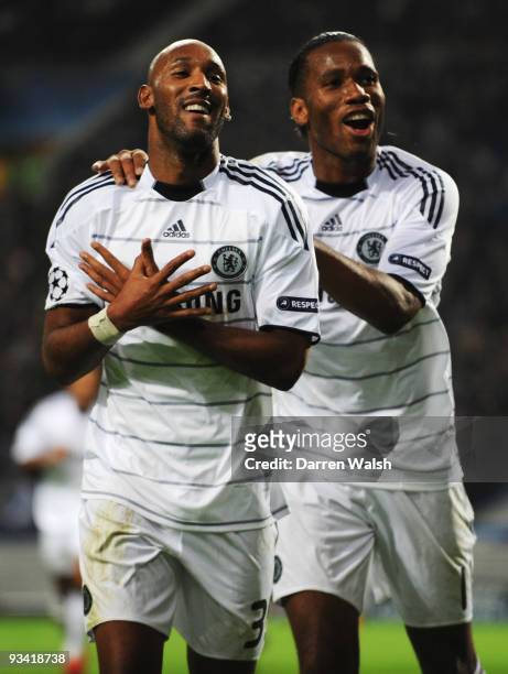 Nicolas Anelka of Chelsea celebrates with Didier Drogba as he scores their first goal during the UEFA Champions League Group D match between FC Porto...