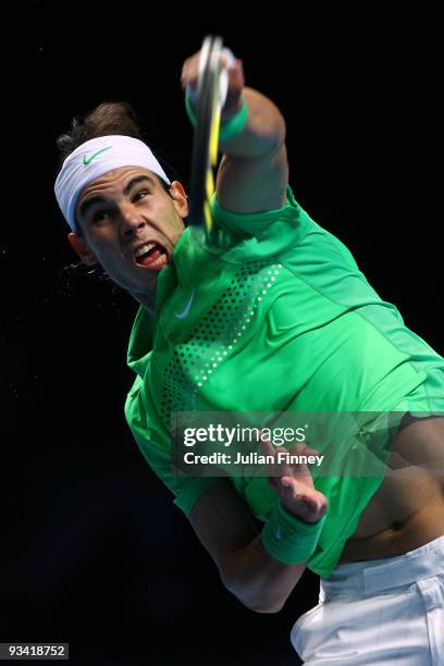 Rafael Nadal of Spain returns the ball during the men's singles first round match against Nikolay Davydenko of Russia during the Barclays ATP World...