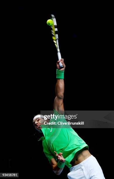 Rafael Nadal of Spain serves the ball during the men's singles first round match against Nikolay Davydenko of Russia during the Barclays ATP World...