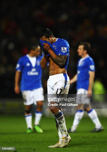 Tim Cahill of Everton looks dejected at the end of the Barclays Premier League match between Hull City and Everton at the KC Stadium on November 25,...