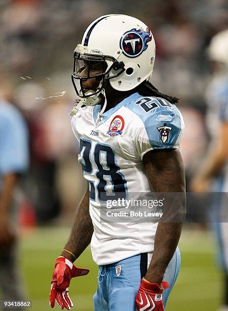 Running back Chris Johnson of the Tennessee Titans during pre-game warm ups prior to a game against the Houston Texans at Reliant Stadium on November...