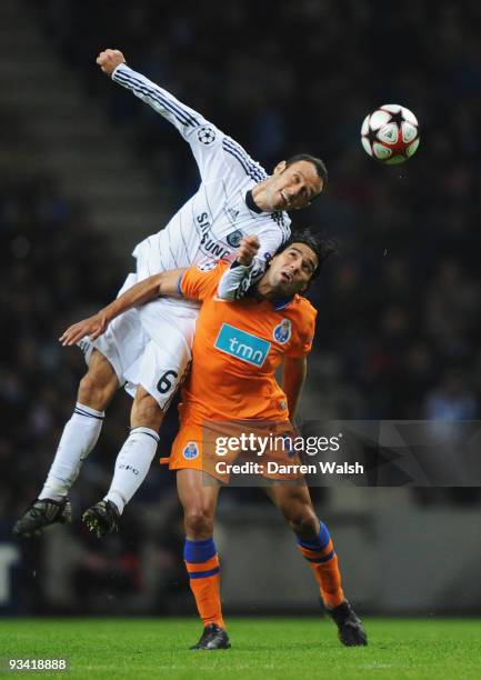 Ricardo Carvalho of Chelsea outjumps Radamel Falcao Garcia of FC Porto during the UEFA Champions League Group D match between FC Porto and Chelsea at...