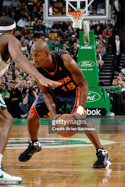 Raja Bell of the Golden State Warriors drives the ball against the Boston Celtics during the game on November 18, 2009 at TD Banknorth Garden in...