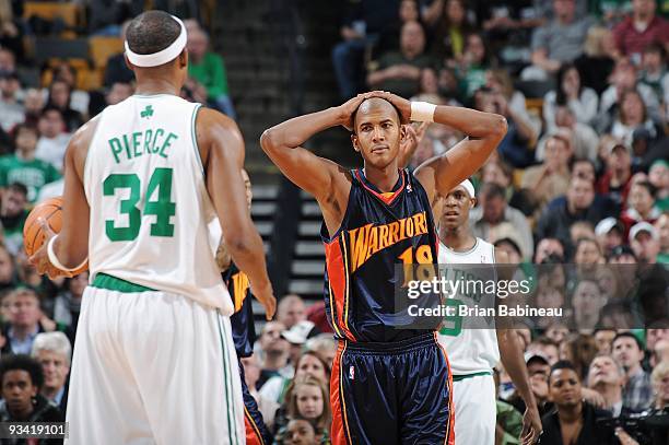 Raja Bell of the Golden State Warriors takes a break from the action during the game against the Boston Celtics on November 18, 2009 at TD Banknorth...