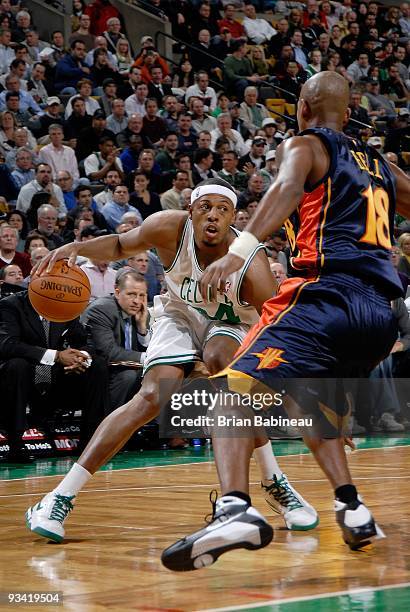 Paul Pierce of the Boston Celtics drives the ball against Raja Bell of the Golden State Warriors during the game on November 18, 2009 at TD Banknorth...