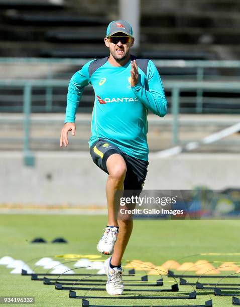 Nathan Lyon of Australia during the Australian national men's cricket team training session at PPC Newlands Stadium on March 19, 2018 in Cape Town,...