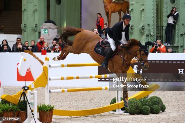 Kevin STAUT and Ayade de Septon Et HDC competes in the Prix du 24 Faubourg CSI5* of Le Saut Hermes 2018 at Grand Palais on March 17, 2018 in Paris,...