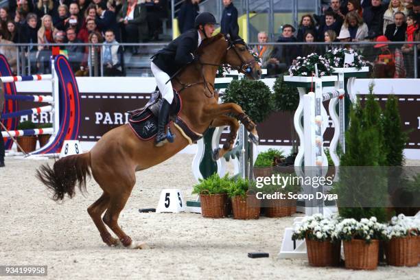 Kevin STAUT and Ayade de Septon Et HDC competes in the Prix du 24 Faubourg CSI5* of Le Saut Hermes 2018 at Grand Palais on March 17, 2018 in Paris,...