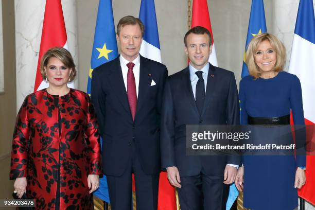 French President Emmanuel Macron and his wife Brigitte Macron receive LL.AA.RR. Grand-Duc Henri and Grande-Duchesse Maria Teresa of Luxembourg at...