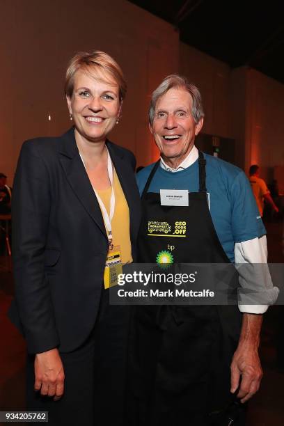 Deputy Leader of the Opposition Tanya Plibersek poses with Bloomberg Global Chairman Peter Grauer during the Oz Harvest CEO Cookoff on March 19, 2018...