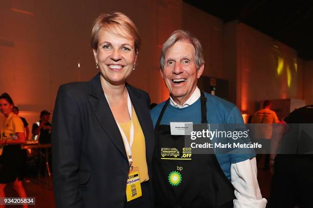 Deputy Leader of the Opposition Tanya Plibersek poses with Bloomberg Global Chairman Peter Grauer during the Oz Harvest CEO Cookoff on March 19, 2018...