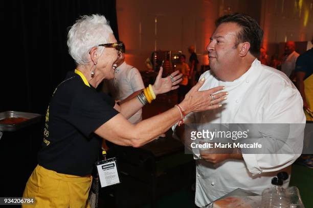Ronni Kahn CEO and founder of OzHarvest greets Chef Peter Gilmore during the Oz Harvest CEO Cookoff on March 19, 2018 in Sydney, Australia.
