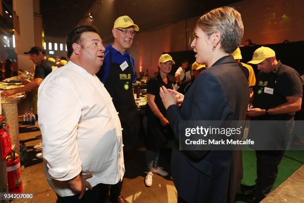 Deputy Leader of the Opposition Tanya Plibersek talks to Chef Peter Gilmore during the Oz Harvest CEO Cookoff on March 19, 2018 in Sydney, Australia.