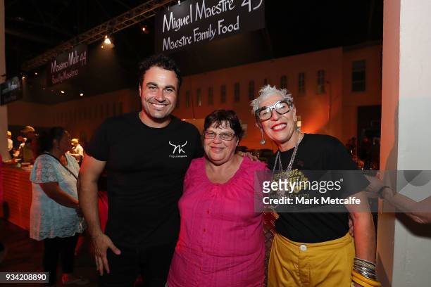 Ronni Kahn CEO and founder of OzHarvest poses with Chef Miguel Maestre and a guest during the Oz Harvest CEO Cookoff on March 19, 2018 in Sydney,...