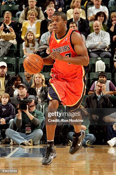 Kelenna Azubuike of the Golden State Warriors brings the ball upcourt against the Indiana Pacers during the game on November 11, 2009 at Conseco...