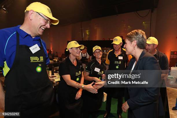 Deputy Leader of the Opposition Tanya Plibersek talks to the BP Australia team during the Oz Harvest CEO Cookoff on March 19, 2018 in Sydney,...