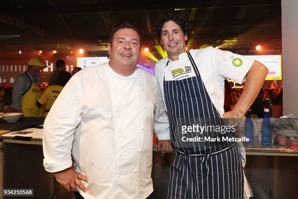 Chefs Peter Gilmore and Colin Fassnidge pose during the Oz Harvest CEO Cookoff on March 19, 2018 in Sydney, Australia.