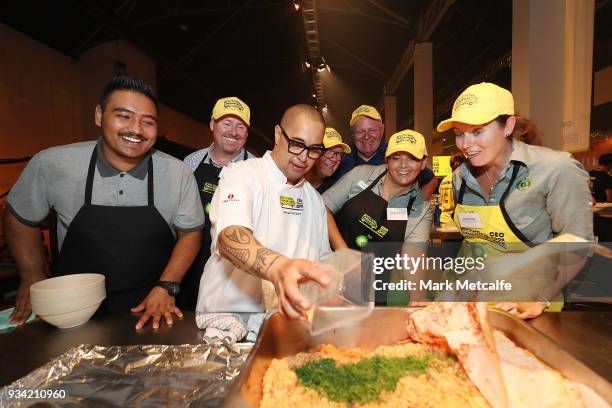 Chef Morgan Mcglone in action during the Oz Harvest CEO Cookoff on March 19, 2018 in Sydney, Australia.