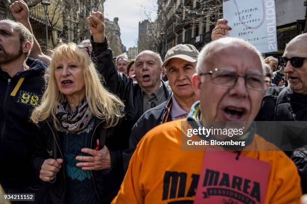 Protester raises his fist on Roger de Lluria street during the 'Marea Pensionista' demonstration for pension reform in Barcelona, Spain, on Saturday,...