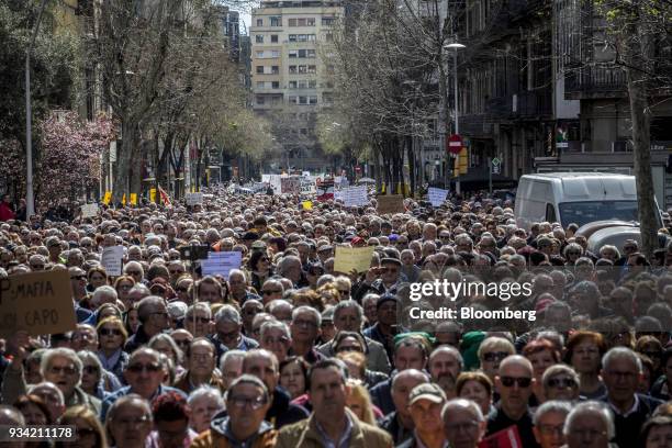 Protesters fill Roger de Lluria street during the 'Marea Pensionista' demonstration for pension reform in Barcelona, Spain, on Saturday, March 17,...