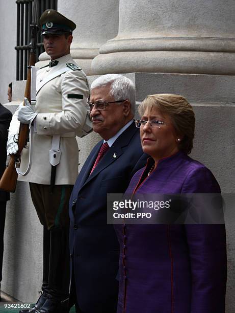 In this handout image provided by the Palestinian Press Office , Palestinian President Mahmoud Abbas meets with President of Chile Michelle Bachelet...